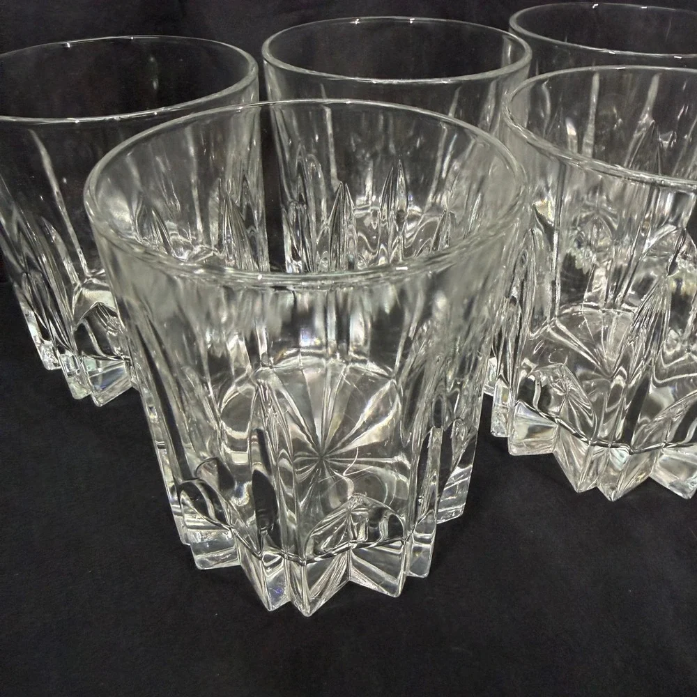 Set of 6 Vintage Clear Cut Glass Whiskey Rocks Glasses Starburst Base 10oz